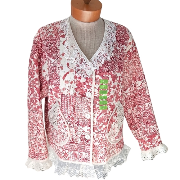 Womens Jacket Cardigan Red Lace Lagenlook NWT Fall Ruffled Crochet - Picture 5 of 10